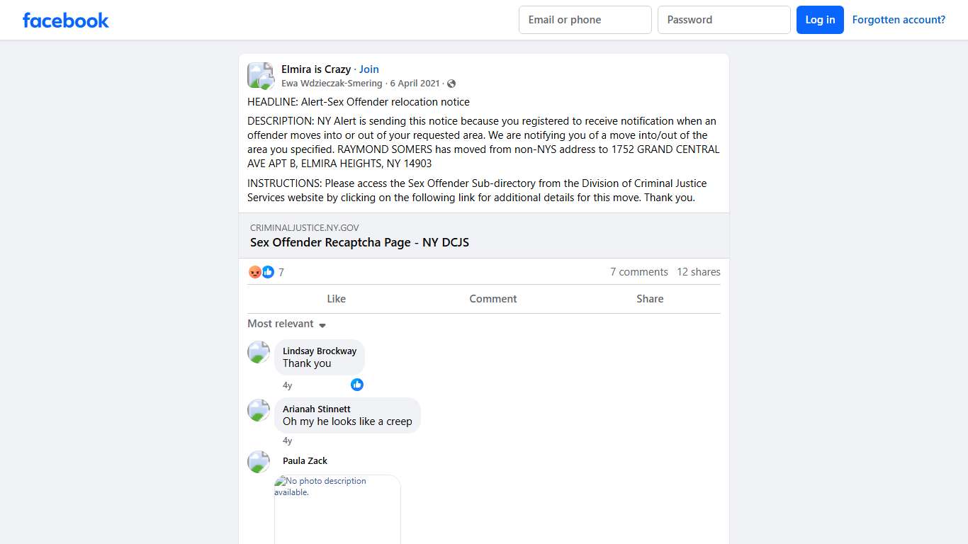 Elmira is Crazy | HEADLINE: Alert-Sex Offender relocation notice | Facebook